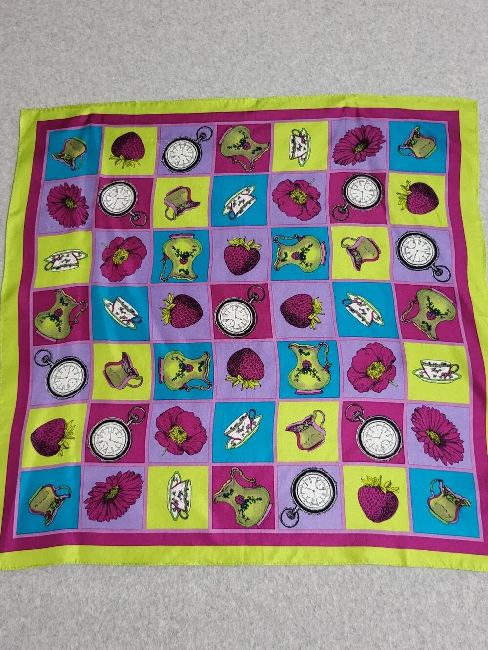 Vintage Accessory Street 100% Silk Square Scarf Checkerboard Pop Art Korea 21x21